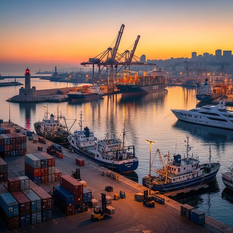 Shipping port at sunset